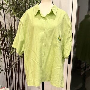 Lime Green Button-Up Shirt with Butterfly Embroidery